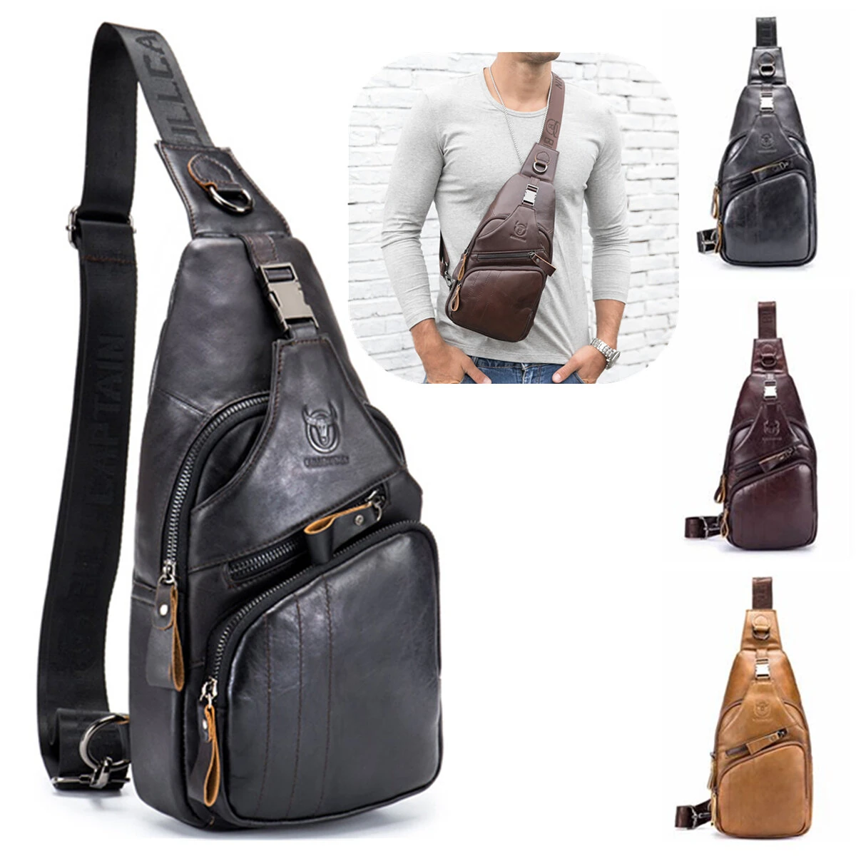 (image for) BULLCAPTAIN Men Multi-Pocket Leather Chest Bag Casual Sports Multifunctional Large Capacity Crossbody Shoulder Bag